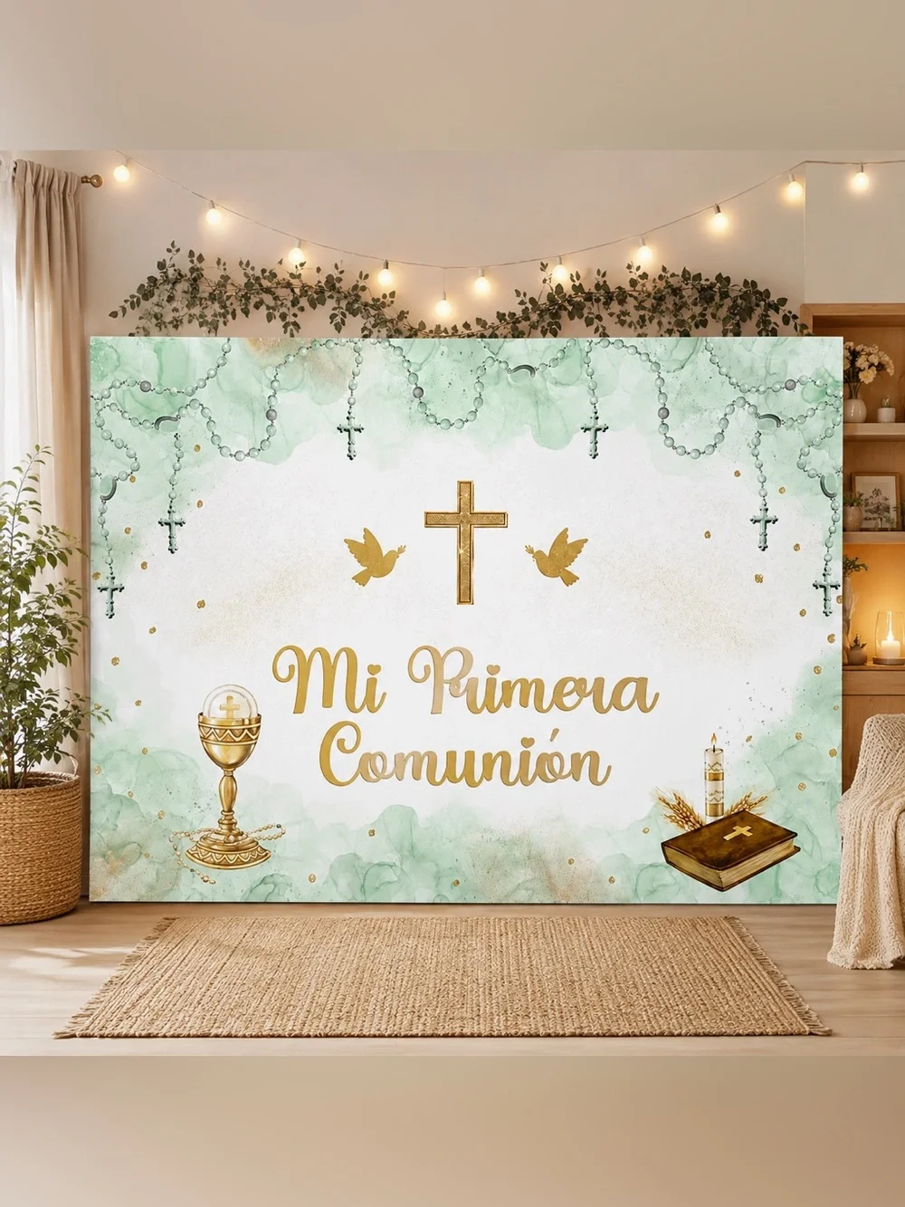 Mi Primera Comunión Green & Gold Backdrop - First Communion Party Decor 7x5ft